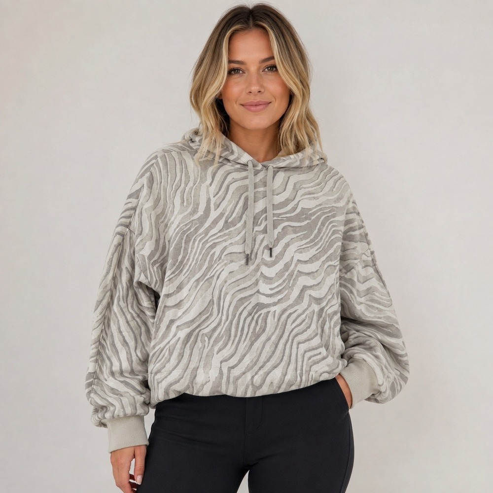Sweaty Betty Hoodie Women M Grey White Zebra Print Cropped Relaxed SB6400